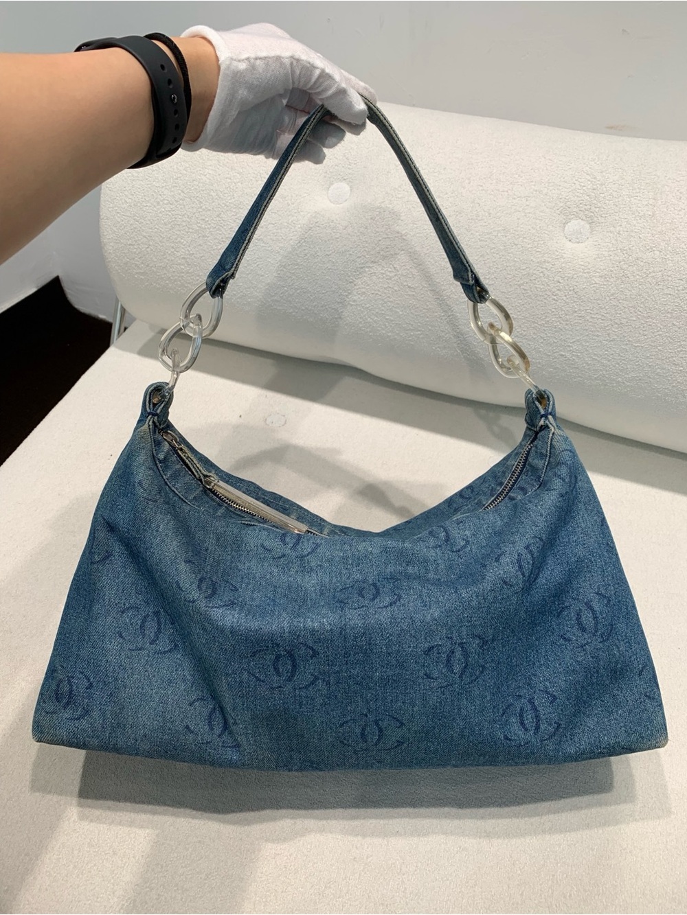 CHANEL Blue Denim Monogram Hobo Bag with Clear Chain Links
